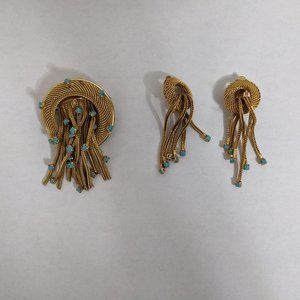 Vintage 1960s Brooch & Earring Set – Gold & Turquoise